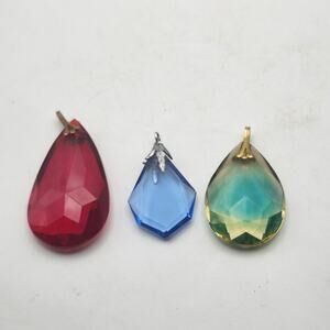 Lot 3 Faceted Pendants Red Acrylic Blue Green Glass Teardrop Jewelry Charms